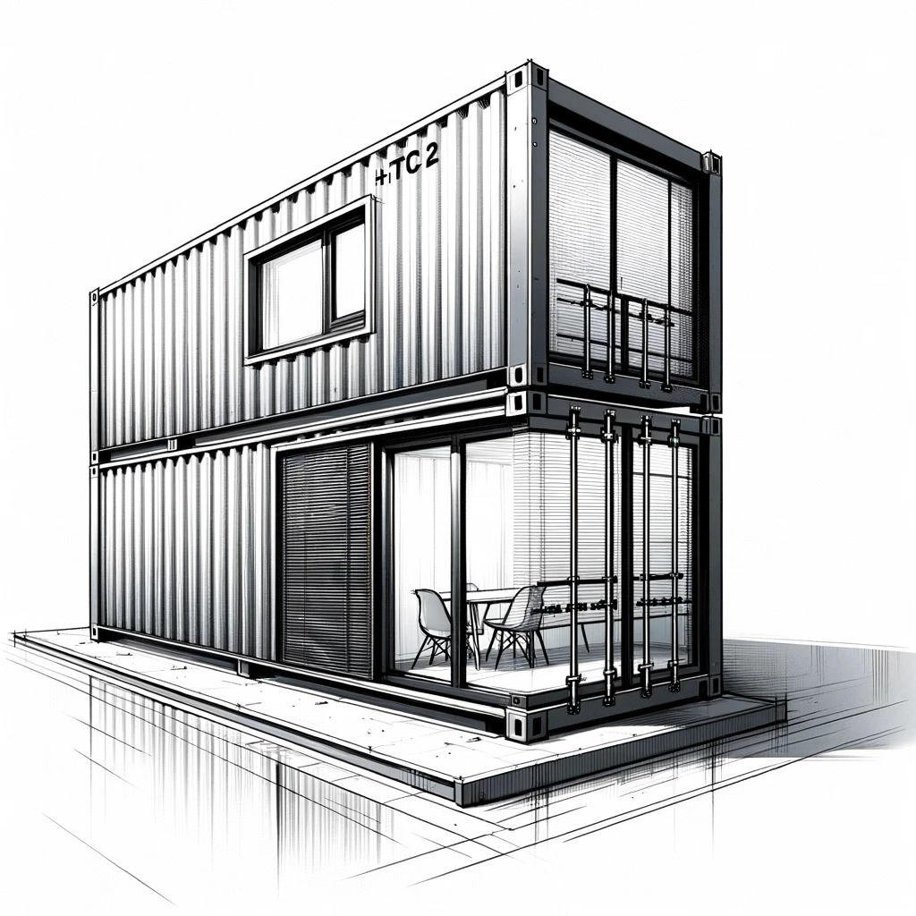 DALL·E 2024 04 01 19.21.09 Minimalist sketch of a closed two story container for a BTP site showing the exterior. The ground floor suggests a large interior space and the uppe